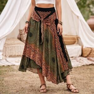 Bangkok Pants Green Paisley Patchwork Boho Wrap Skirt Sz XS